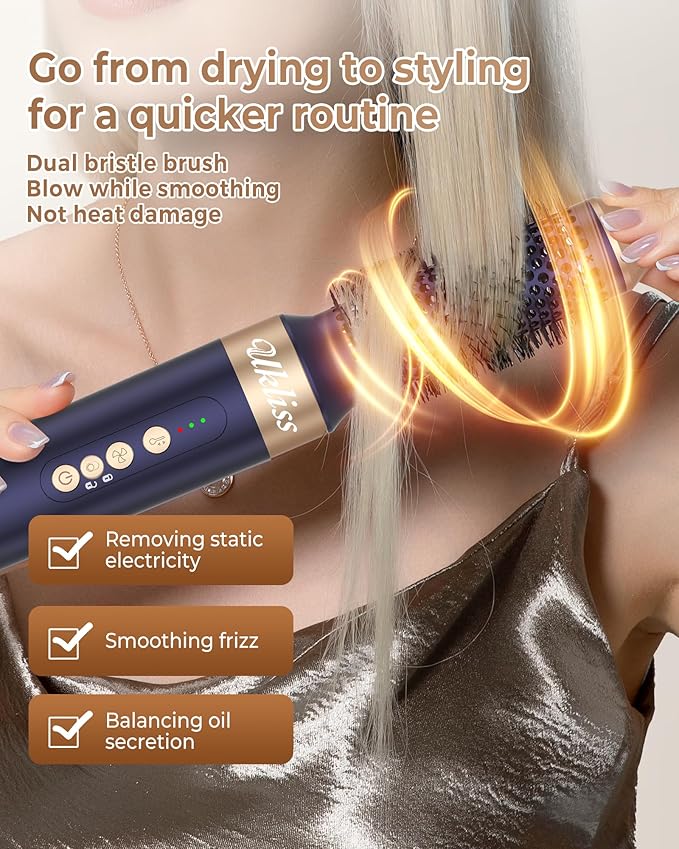 UKLISS Hair Dryer Brush 7 in 1，110000 RPM Hair Dryer with Diffuser for Curly & Twisted Hair Professional Ionic Brush Blow Dryer for Salon-Quality Styling (Blue Gold)