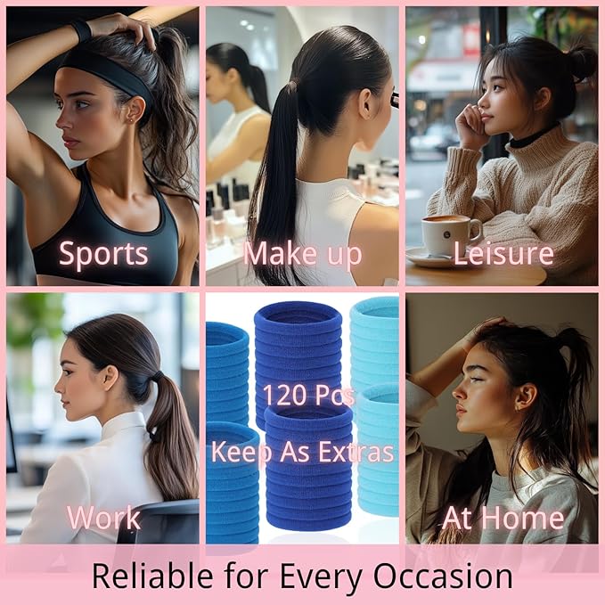 LuSeren 120 Pcs Blue Hair Ties for Women, No Damage Soft Seamless Nylon Hair Elastics for Thick Hair, Ponytail Holders, 3 Gradient Blue Hair Accessories