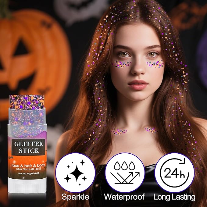 MEICOLY Black Purple and Orange Face Glitter Stick,Halloween Hair Glitter Stick for Women,Sparkle Chunky Body Glitter Makeup for Party Festival
