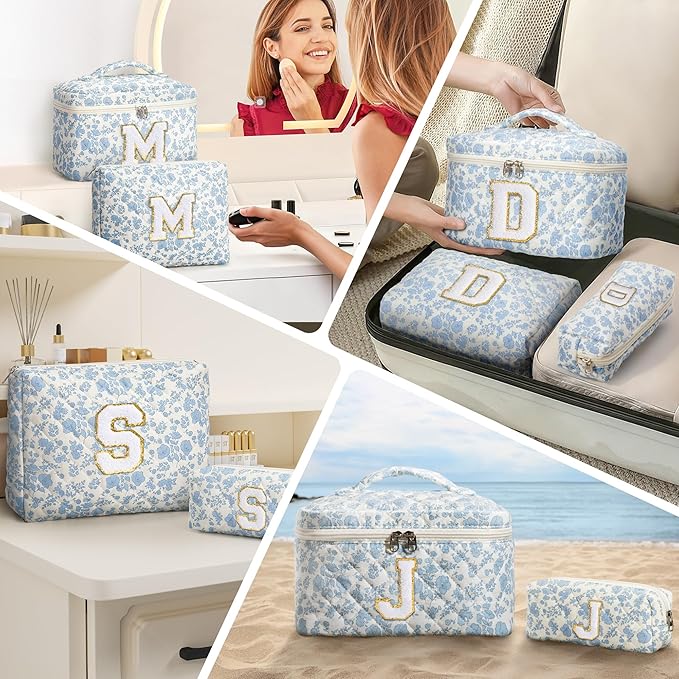 Birthday Gifts for Teen Girls Women, Personalized Initial Makeup Bag Quilted Cosmetic Bag Floral Make Up Bag Travel Toiletry Bag Teen Girl Gifts Trendy Stuff Christmas Gifts for Mom Daughter Friends
