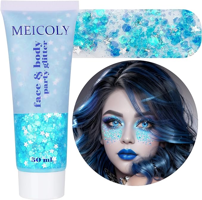 MEICOLY Light Blue Body Glitter,Mermaid Princess Face Glitter Gel,Ice Blue Glitter Face Paint for Halloween,Frozen Birthday Party Decorations,Chunky Glitter for Eye Lip Hair,Festival Rave Glitter Gel