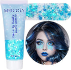 MEICOLY Light Blue Body Glitter,Mermaid Princess Face Glitter Gel,Ice Blue Glitter Face Paint for Halloween,Frozen Birthday Party Decorations,Chunky Glitter for Eye Lip Hair,Festival Rave Glitter Gel