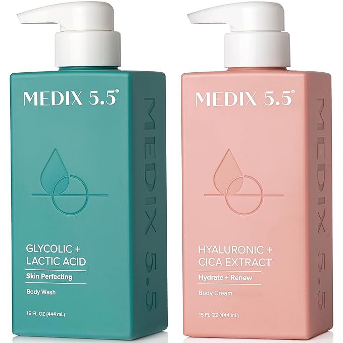 Medix 5.5 Exfoliating AHA Glycolic Acid Face & Body Wash Cleanser + Hyaluronic Acid Moisturizing Body Cream Lotion Skin Care 2PC Set | Alpha Hydroxy Acid & Lactic Acid Foaming Face Wash