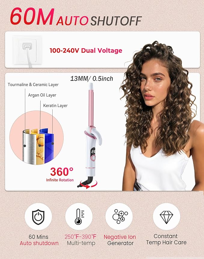 Mini Curling Iron for Short Hair Dual Voltage with European UK Plug Adapter 1/2 Inch Travel Size Small Barrel Curling Iron to Medium Bouncy Curls with 30S Fast Heating, 5 Temps for Global