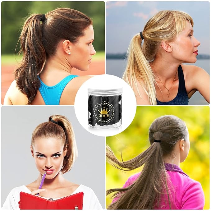 50Pcs Black Hair Ties for Women Girls,Cotton Seamless Hair Ties, Soft Ponytail Holders,No Crease No Damage Elastics Hair Bands with Box for Thick Heavy and Curly Hair (Black)