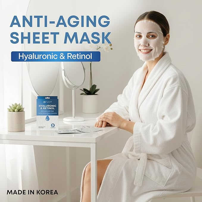 Clear Beauty Sheet Mask with Hyaluronic Acid & Retinol – Hydrating & Anti-Aging Formula For Dry, Dull, Wrinkled Skin – Dermatologist Tested, Korean Skin Care – Vegan Clean Beauty – 5 Sheets