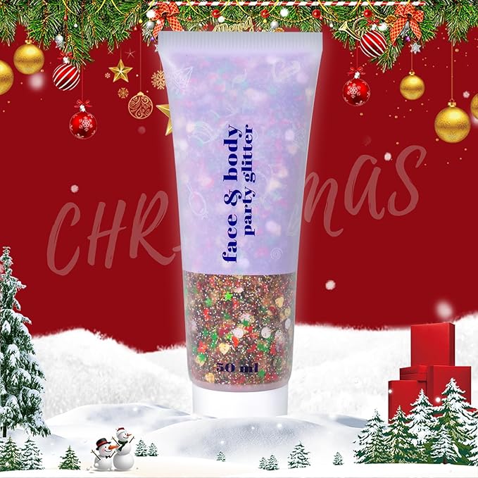DAGEDA Christmas Body Glitter Gel, Gold Red Green Face Hair Glitter Makeup, Christmas Tattoos Accessories,Holographic Chunky Glitters, Shimmer Face Paint Singer Concert Rave Accessories 50ml
