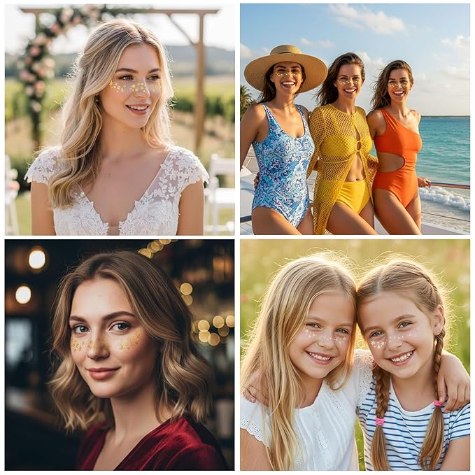 Face Glitter Freckles 12 Pcs Christmas Temporary Face Tattoos Stickers Waterproof Sparkle Face Speckles Makeup Patches Cute Body Temporary Tattoo Rave Accessories for Women Music Festival Accessorie