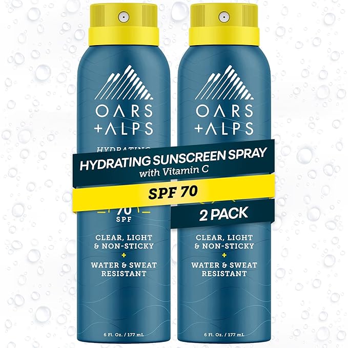 Oars + Alps Sunscreen Spray for Face & Body Spray Sunscreen Infused with Vitamin C & Antioxidants, No White Residue, Water & Sweat Resistant, All Skin Types, Lightweight, Hydrating, SPF 70, 6 Oz, 2pk