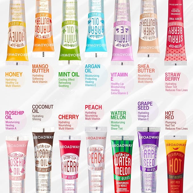 Ruby Kisses Broadway Vita-Lip Tinted Lip Gloss (9 Pack) Ultra-Hydrating, Nourishing, Soothing Formula with Vitamins, High-Shine Non-Sticky Lip Balm with Rosehip+Coconut Oil, Pink, Red & Brown Shades