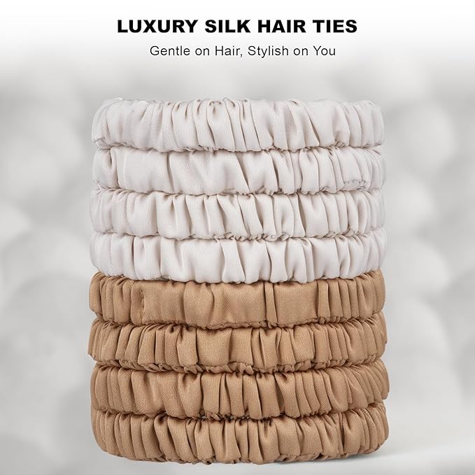 8Pcs Silk Scrunchies Hair Ties for Women & Girls, Mulberry Silk Scrunchies No-Damage Thin Satin Ponytail Holders for Hair Care(Clolor 07)