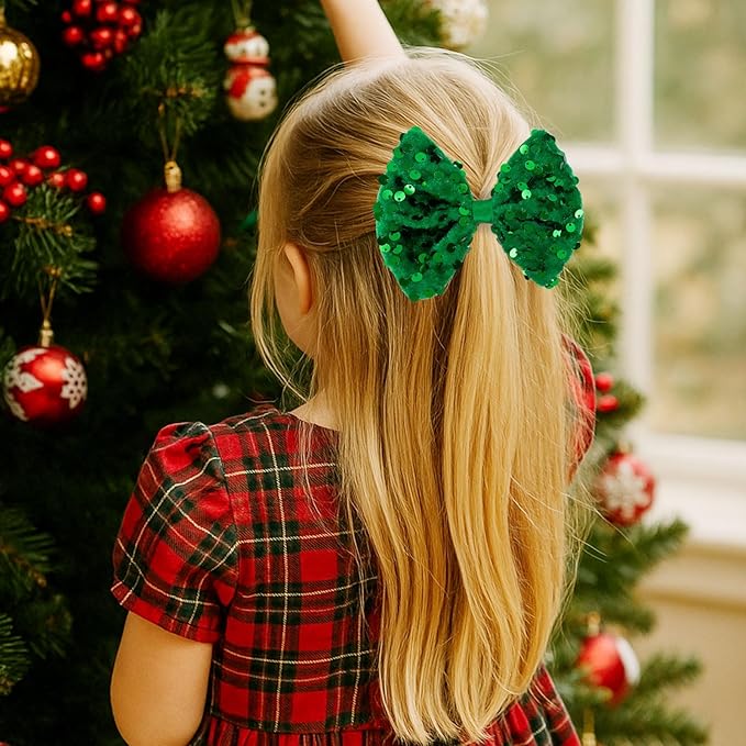 Velvet Sequin Hair Bows Elegant Green Bow for Women Girls, 4in Glitter Handmade Hair Clips Alligator Clips Sparkly Ponytail Holder Hair Accessories for Christmas, Birthday Party, Wedding, Valentines