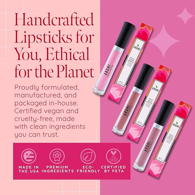 Aromi Matte Liquid Lipstick | Medium, Bubblegum Pink Lip Color, Smudge Proof, Long-lasting, Vegan, Cruelty-free, Waterproof, Paraben + Gluten Free (Poodle Skirt)