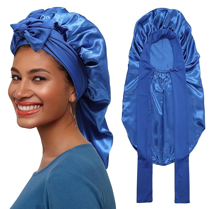 AWAYTR Long Satin Bonnet for Braids - Elastic Silk Hair Bonnets for Sleeping Night Cap Stretchy Tie Band for Women（Royal Blue）