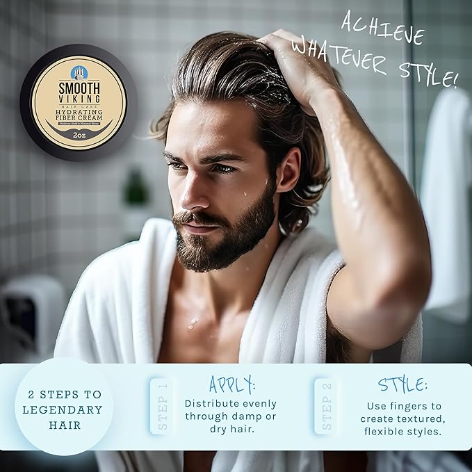 Smooth Viking Hydrating Fiber Cream for Men - Hair Gel with Flexible Styling, 2oz - Improves Hair Health, Natural Scent, Minimal Shine, Dairy-Free - Hair Fiber for Damaged & Thinning Hair