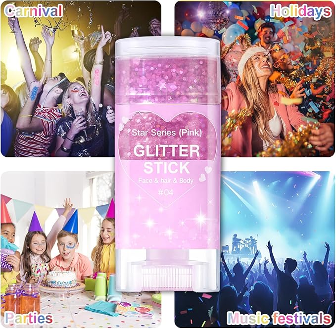 Halloween Body Glitter Stick, Waterproof Halloween Face Glitter Gel, Chunky Glitter Face Paint, Orange Purple Black Sequin Hair Glitter Makeup for Women and Kid (Pink)