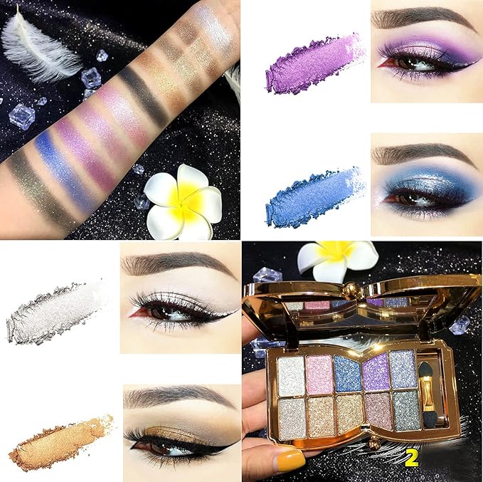 Glitter Eyeshadow Palette, 10 Colors Sparkle Shimmer & Matte Eye Shadow Highly Pigmented Waterproof Long Lasting Makeup Set (Color 2)