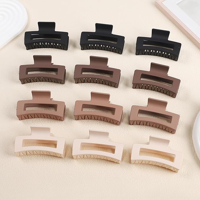12 Pcs Medium Hair Clips for Women, 3.5 Inch Square Claw Clips, Colorful Hair Claw Clips for Thick and Thin Hair, Bulk Hair Accessories for Women and Girls- Brown