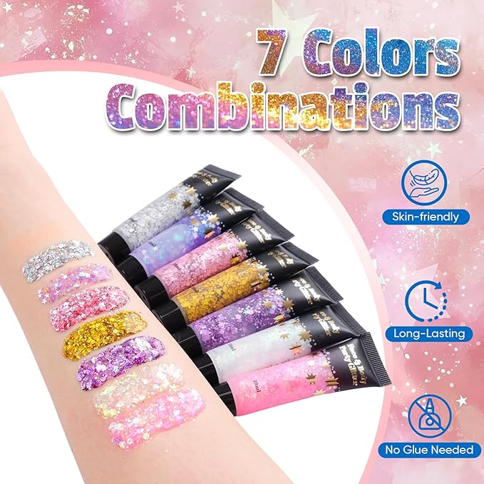 AROIC Kids Unicorn Hair Glitter，14Pcs Body &Face Shimmering Glitter Gel Set，Fairy Costume Sparkle Makeup for Girls，Holographic Sparkle Face Paint for Festivals Princess Birthday Party Gifts (7 Colors)
