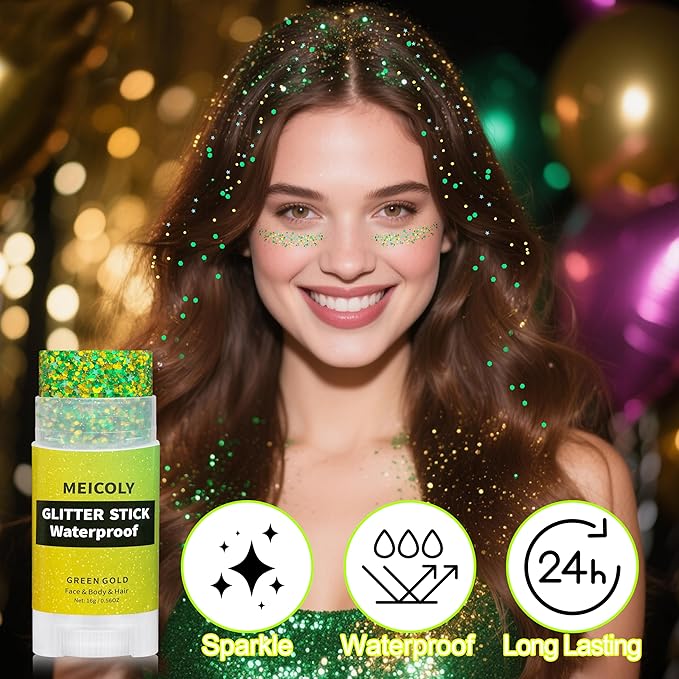 MEICOLY Gold and Green Face Glitter Stick,Hair Glitter Stick for Women,Green and Gold Spirit Wear Alien Makeup Accessories,Sparkle Body Glitter Makeup for Mardi Gras Carnival Festival Party