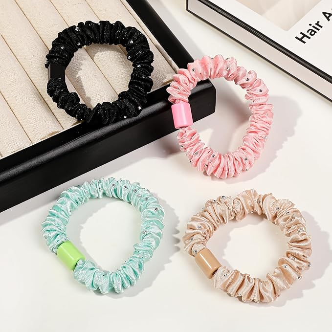 Scrunchies Silk Satin Hair Ties - Small Mini Thin Elestics Ponytail Holder Hair Bands Skinny Scrunchy For Thick Curl Hair No Crease Hair Ties Soft Accessories No Hurt Your Hair for Women and Girls