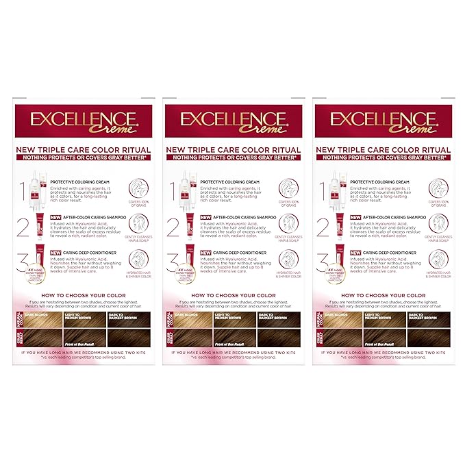 L'Oreal Paris Excellence Crème Permanent Hair Dye, Triple Care Hair Color with Pro-Keratine Complex for 100% Gray Hair Coverage, 5 Medium Brown, 1 Kit (Pack of 3)