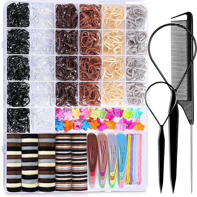 TsMADDTs Hair Accessories, Elastic Hair Ties for Baby Toddlers Kids Girls, 6 Colors Small Rubber Bands Set with Ties and Clips, Styling Tools