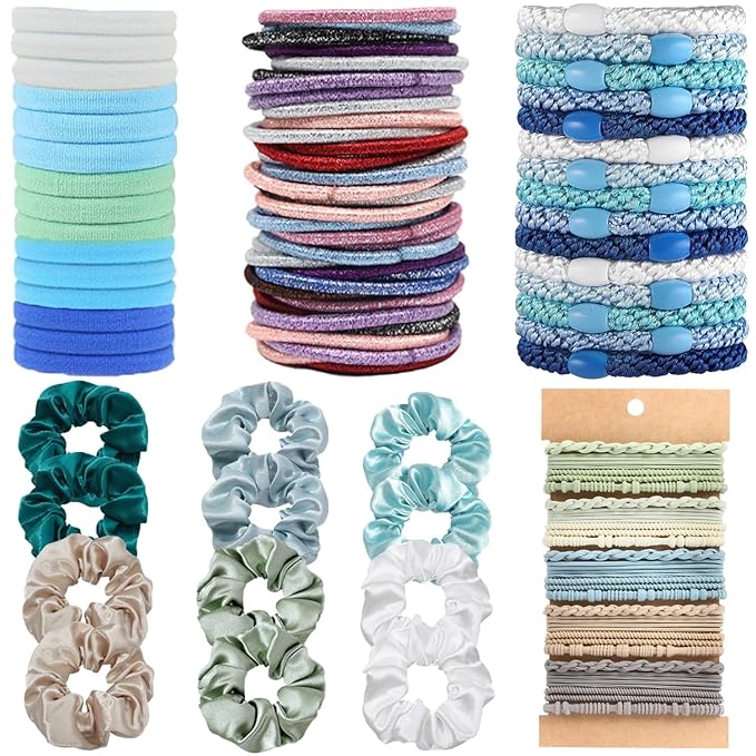 Hair Ties for girls 5 styles Hair Elastics(15 No Damage Hair Ties 50 High Elastic Ties 15 Ponytail Holders 12 Satin Scrunchies 20 Boho hair Bands)Pain-free No Crease multiple colors for all hair types