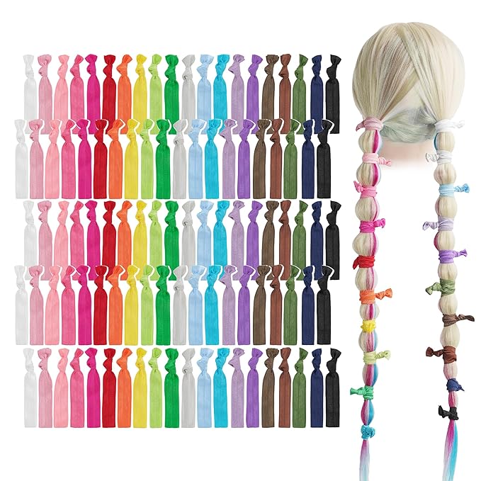 MEEDEE Rainbow Elastic Hair Ties, 100 Pack No-Crease Soft Ribbon Hair Accessories for Women, Knotted Ouchless Ponytail Holders, Yoga & Workout Styling, Versatile as Elastic Bracelets