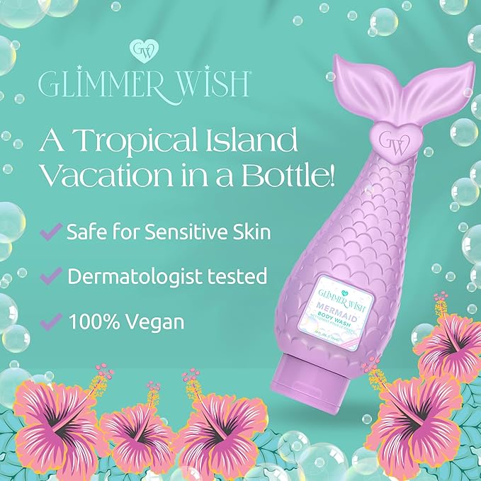 Glimmer Wish Mermaid Kids Body Wash, Gentle Cleanser and Moisturizing Sulfate Free Body Wash, Skin Care for Kids, Tropical Beach Scent, 12 Fl Oz