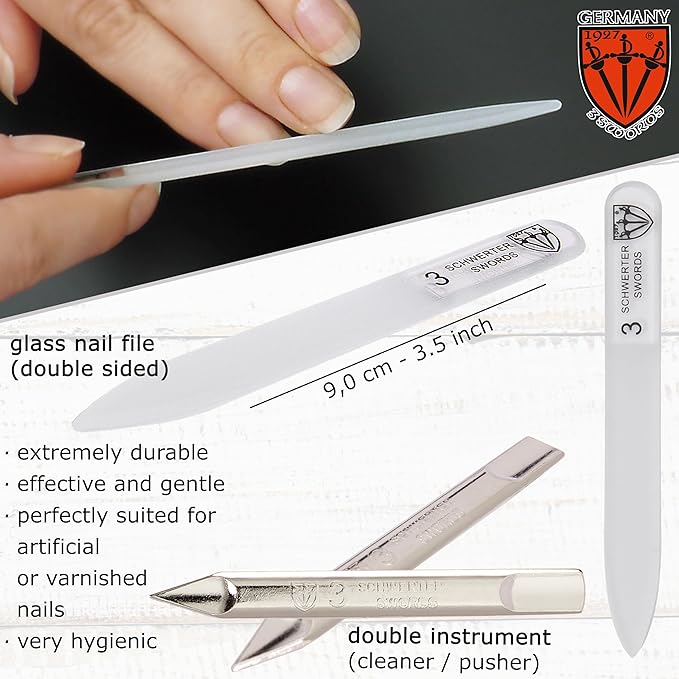 3 Swords Germany - Brand Quality 6 Piece Manicure Pedicure Grooming kit Set - Scissors, Metal and Glass Nail File, Clipper, Tweezers with Synthetic Leather case - White