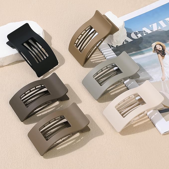 French Flat Hair Clips for Women 6pcs Hair Claw Clips for Thick or Thin Hair Matte Claw Clips for Girls Barrettes Non-Slip Strong Hold Hair Accessories for Women (Brown Grey)