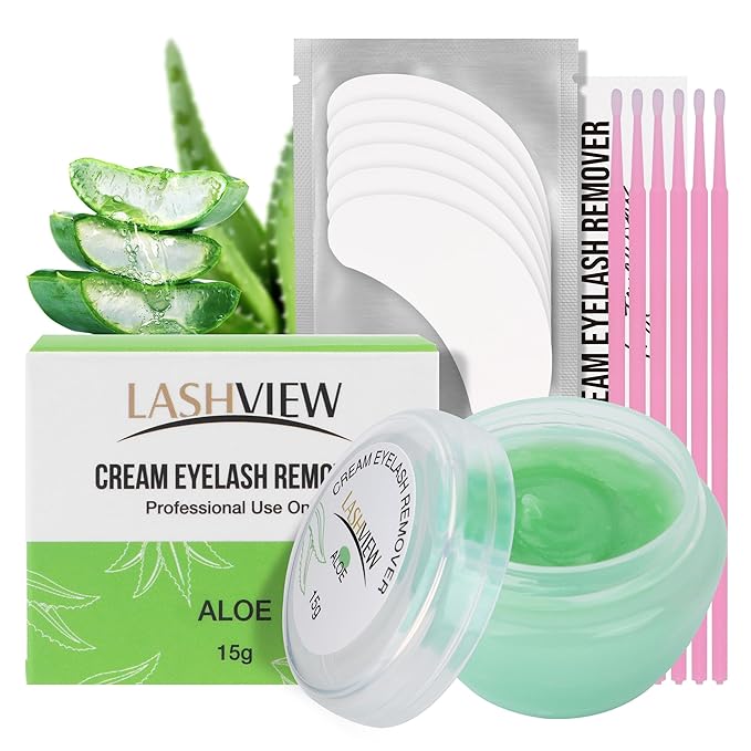 LASHVIEW Eyelash Extension Remover Cream Gentle Aloe Vera Formula, Lash Removal Kit with Eye Patches & Cotton Swabs(15g)