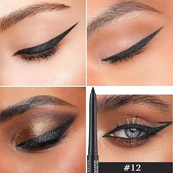 Black Shimmer Eyeliner Pencil Waterproof Retractable Black Gel Eyeliner Smudge-proof Hypoallergenic Makeup (12#)