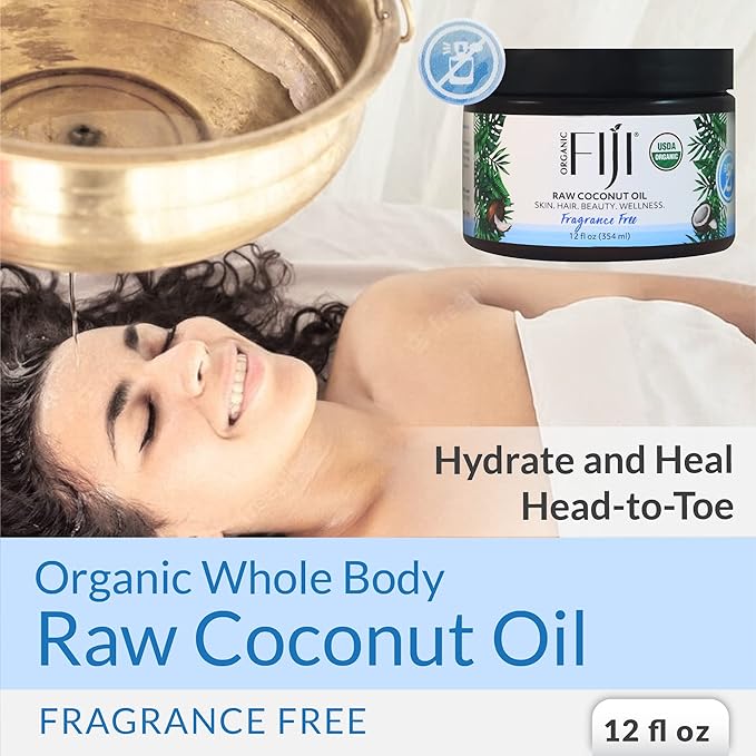 Organic Fiji Cold Pressed Coconut Oil Extra Virgin, Fragrance-Free for Hair, Skin, Face & Body Natural Moisturizer & Massage Oil for Women, Men & Baby 12 oz
