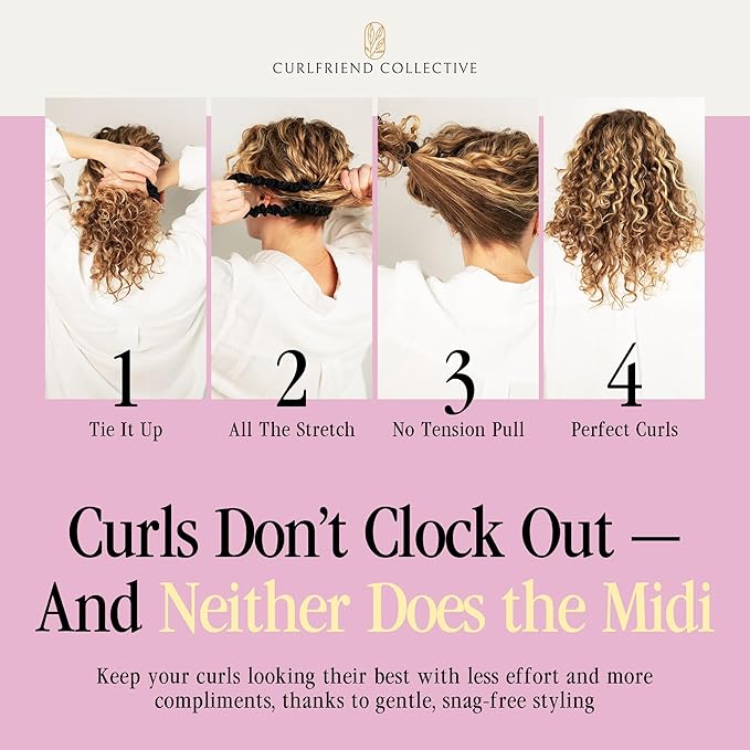 Curlfriend Collective Onyx Midi Curly Hair Silk Scrunchies for Women, Black | 22 Momme Mulberry Silk Hair Ties for Curly, Coily, and Wavy Hair - Black, Pack of 4