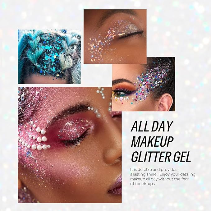 Blue Face and Body Hair Glitter Gel, Party Concerts Cheer Face Paint Holographic Chunky Festival Rave Accessories Glitter Makeup, 6 Kinds of Sparkling Sequins for Hair Nail Eye Lip Body