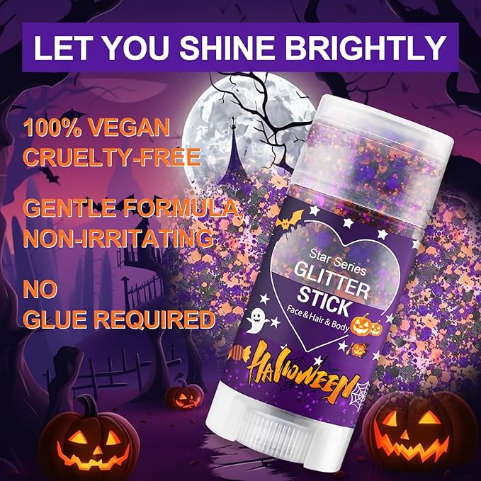 Halloween Body Glitter Stick, Black Orange Purple Sequin Hair Glitter for Rumi Costume Cosplay and Tattoos Makeup, Chunky Glitter Face Paint, Waterproof Face Glitter Gel for Glirs and Women