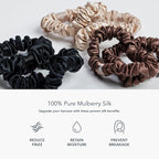 Fishers Finery 25 Momme Pure Mulberry Silk Skinny Scrunchies | Hair Tie Set for Thin Hair (Champagne|Brown|Black- 6 Pk)