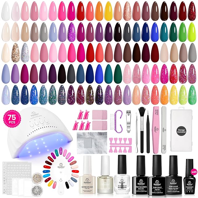 Beetles Gel Nail Polish Kit with U V Light - 75PCS Chic Outfits 45 Colors Gel Polish Set All Season Nail Kit with 5PCS Base Top Coat Soak Off Nails Art Tools Perfect Manicure Set Gifts for Women