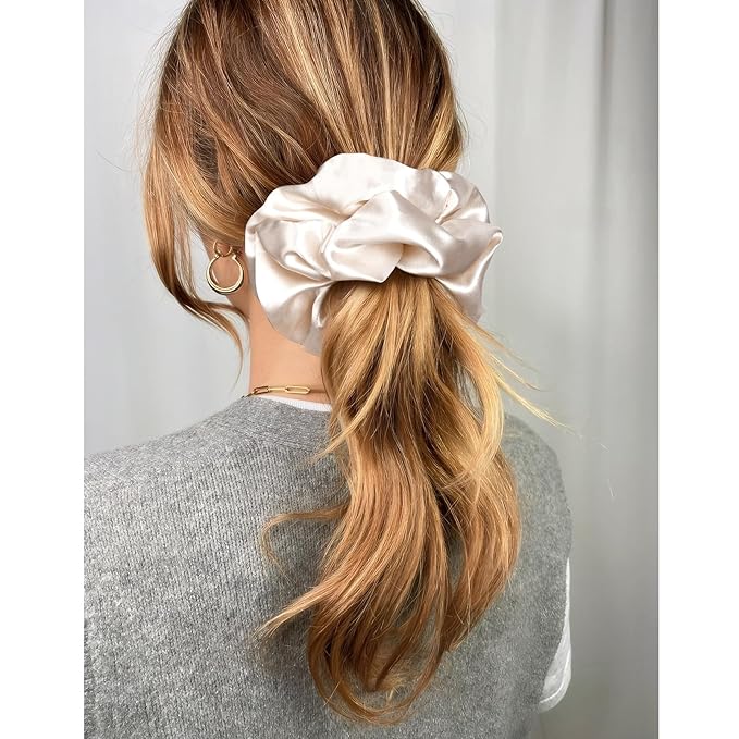CEELGON Beige Big Satin Scrunchie6.5 Inches Jumbo Scrunchies Silky Hair Ties Oversized Ponytail Holderfor Thick Curly Hair Extra Large Hair Accessories for Women (Beige)