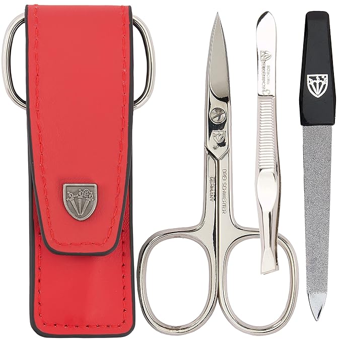 3 Swords Germany - brand quality 3 piece manicure pedicure grooming kit set for professional finger & toe nail care scissors file genuine leather case in gift box, Made in Solingen Germany (03737)