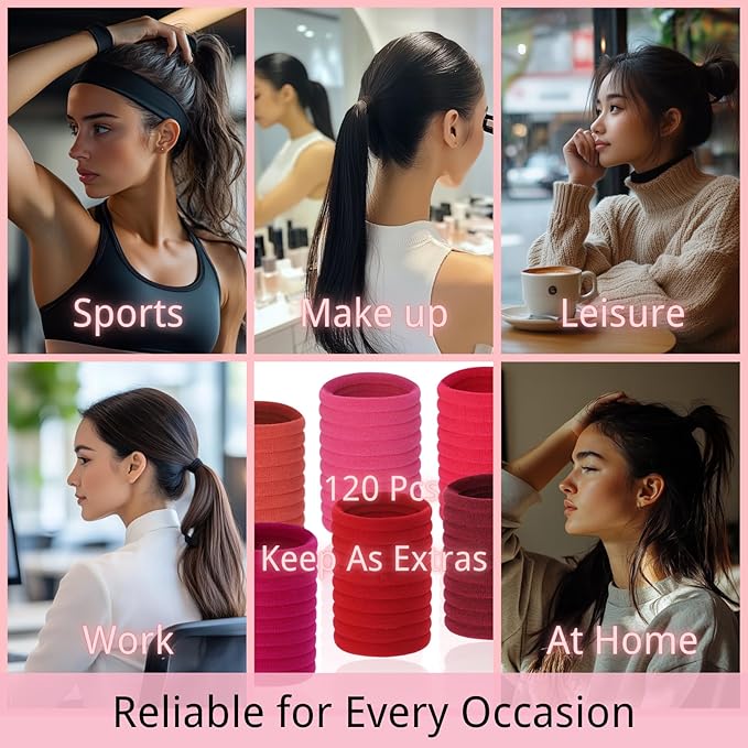 LuSeren 120 Pcs Red Hair Ties for Women, No Damage Soft Seamless Nylon Hair Elastics for Thick Hair,Ponytail Holders,6 Gradient Red Hair Accessories