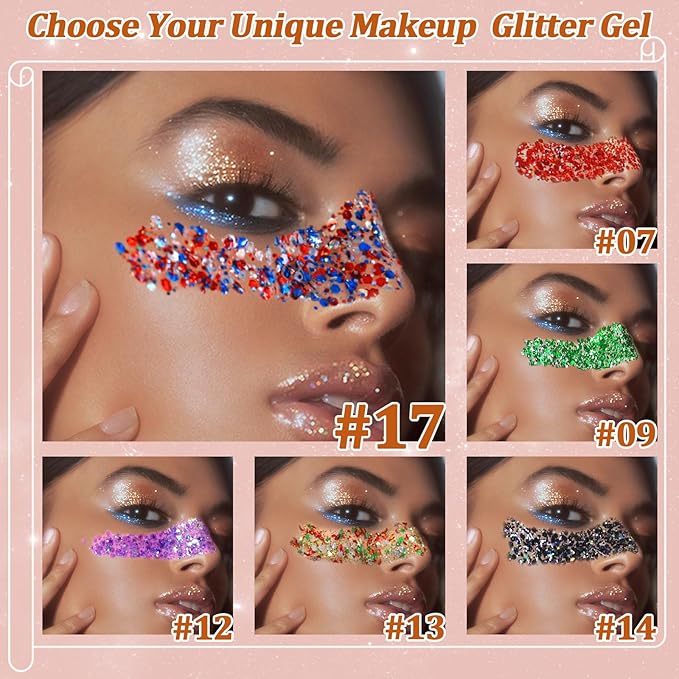 Boko Independence Day Body Glitter Gel, 50ML Red White Blue Chunky Glitter Gel for Face Hair Body Makeup, Patriotic Glitter for 4th of July Memorial Day Veterans Day Flag Party Event Rave Accessories