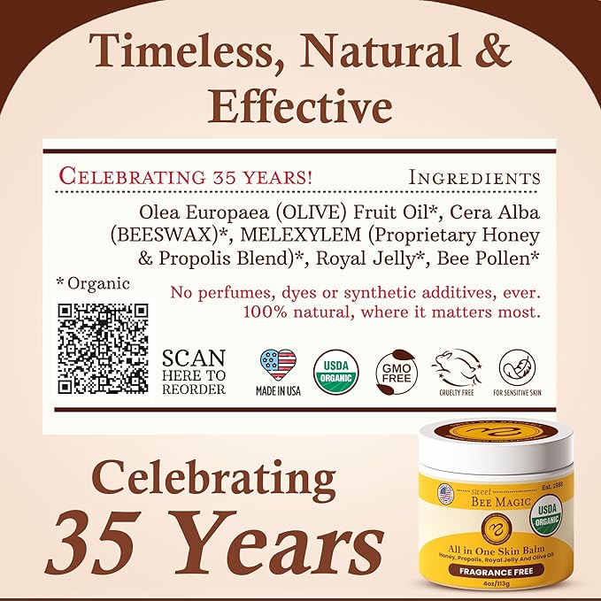 Sweet Bee Magic All In One Healing Organic Balm - Natural Skin Healing Cream, Beeswax Balm for Dry Skin, Face & Body Moisturizer - Certified Organic, All Natural Aid- 3 Jars (4oz Each, 12oz Total)