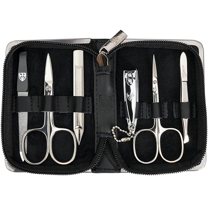 3 Swords Germany - brand quality 6 piece manicure pedicure kit set for professional finger & toe nail care with leather case - Made in Germany - black genuine leather
