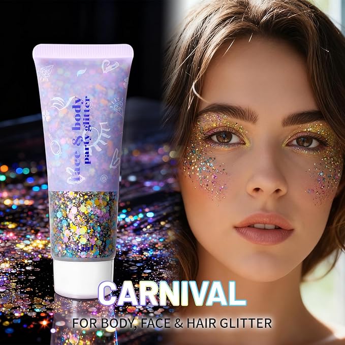 DAGEDA Carnival Body Glitter Gel, Holographic Face Glitter Rave Party Accessories, Chunky Glitters for Hair Eyes Nails, Cosmetic Laser Powder Festival Sequins Paint Makeup