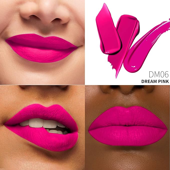 Hot Pink Lipstick Matte for Women, Color Stay Long Lasting Lipstick Smudgeproof Liquid Lipsticks, Cruelty Free Lip Color (DM06 Dream pink)