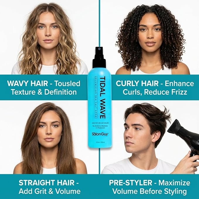 THESALONGUY Tidal Wave Sea Salt Hair Spray – Professional Volume & Texture Spray for Beach Waves | Matte Finish Texturizer, Light Hold Mist for Men & Women | Alcohol-Free, 8 oz