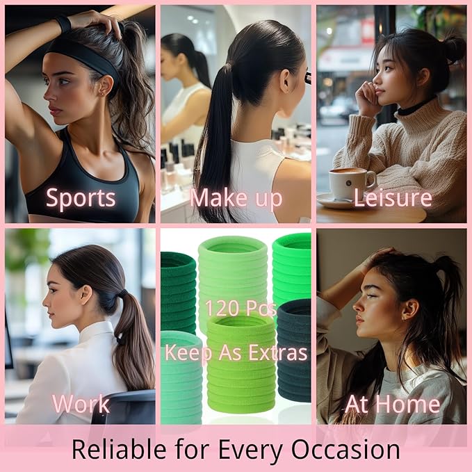 LuSeren 120 Pcs Green Hair Ties for Women, No Damage Soft Seamless Nylon Hair Elastics for Thick Hair, Ponytail Holders,6 Gradient Green Hair Accessories
